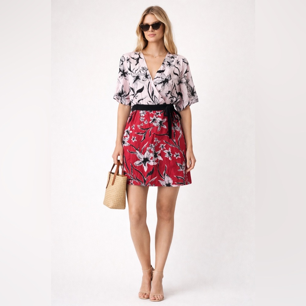 Jets Australia Jessika Allen Floral Wrap Dress Red Silk Blend Mini S 6
